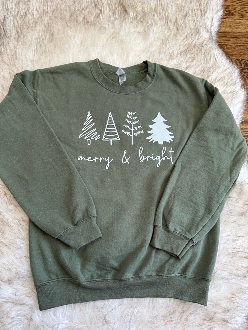 Gildan Olive Green holiday Crewneck Sweatshirt with White Tree Graphic
